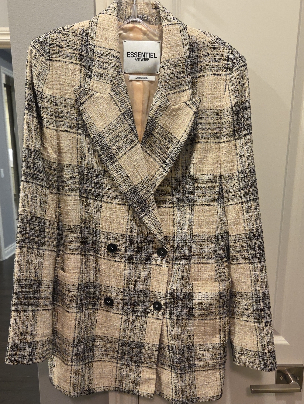 Essential Antwerp Cream & Black Plaid Double-Breasted Blazer